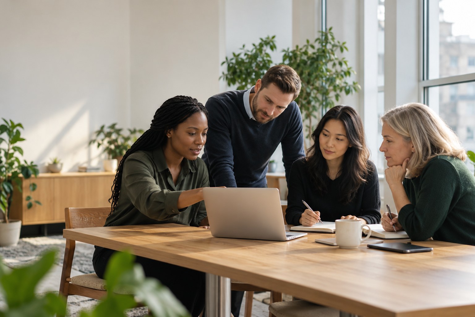 Four colleagues gather around a laptop at a wooden table in a bright, plant-filled office, one pointing at the screen while the others take notes.
