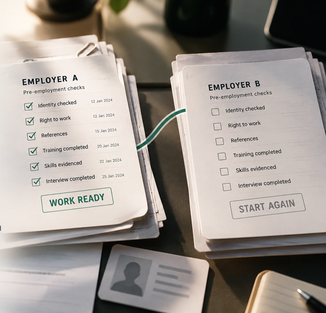 Two employer pre-employment checklists side by side: one already fully verified and marked work ready, the other blank and starting again.